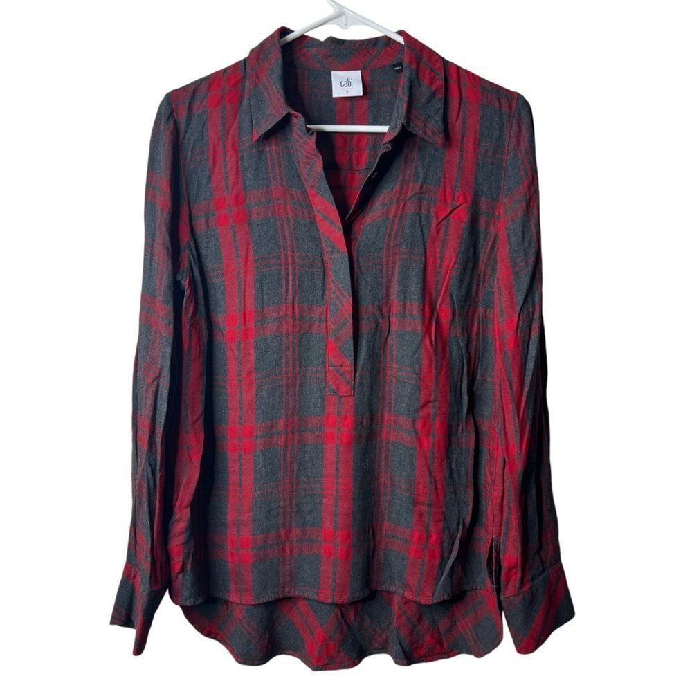 Cabi 3587 Gray Red Cunningham Plaid Button Popover Blouse